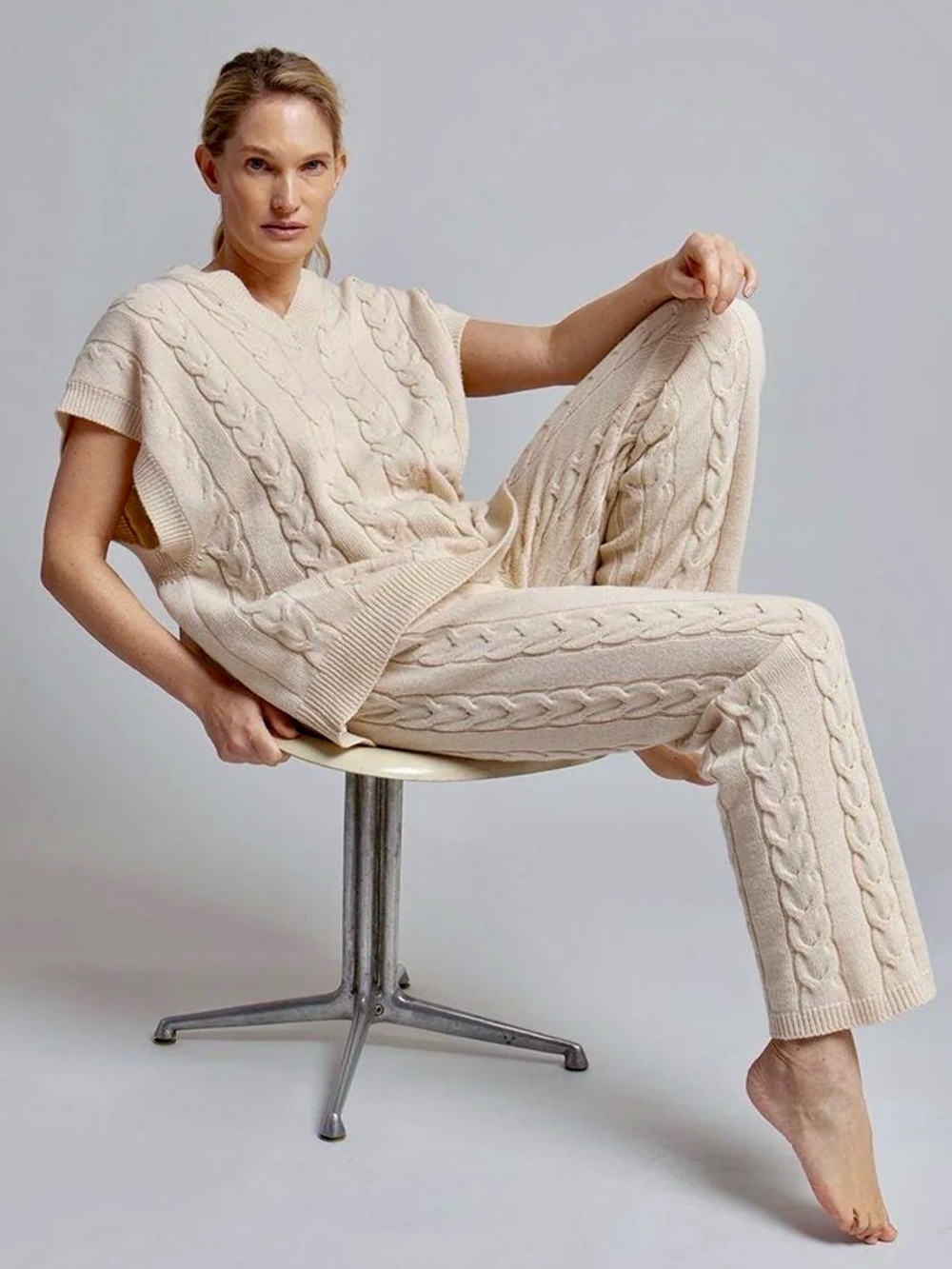 FRANKIE SHOP Jules Cable Knit Wool Sweater Vest + Lounge Pant SET in Buttercream